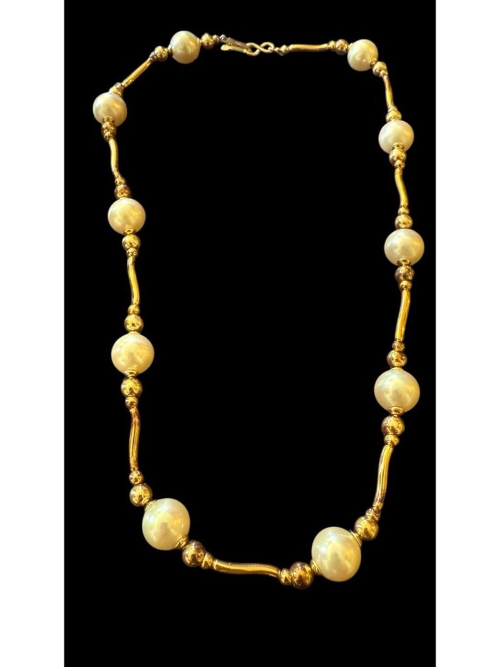 Vintage 925 PM Vermeil Modernist Chain Faux Pearl Bead Necklace  16”